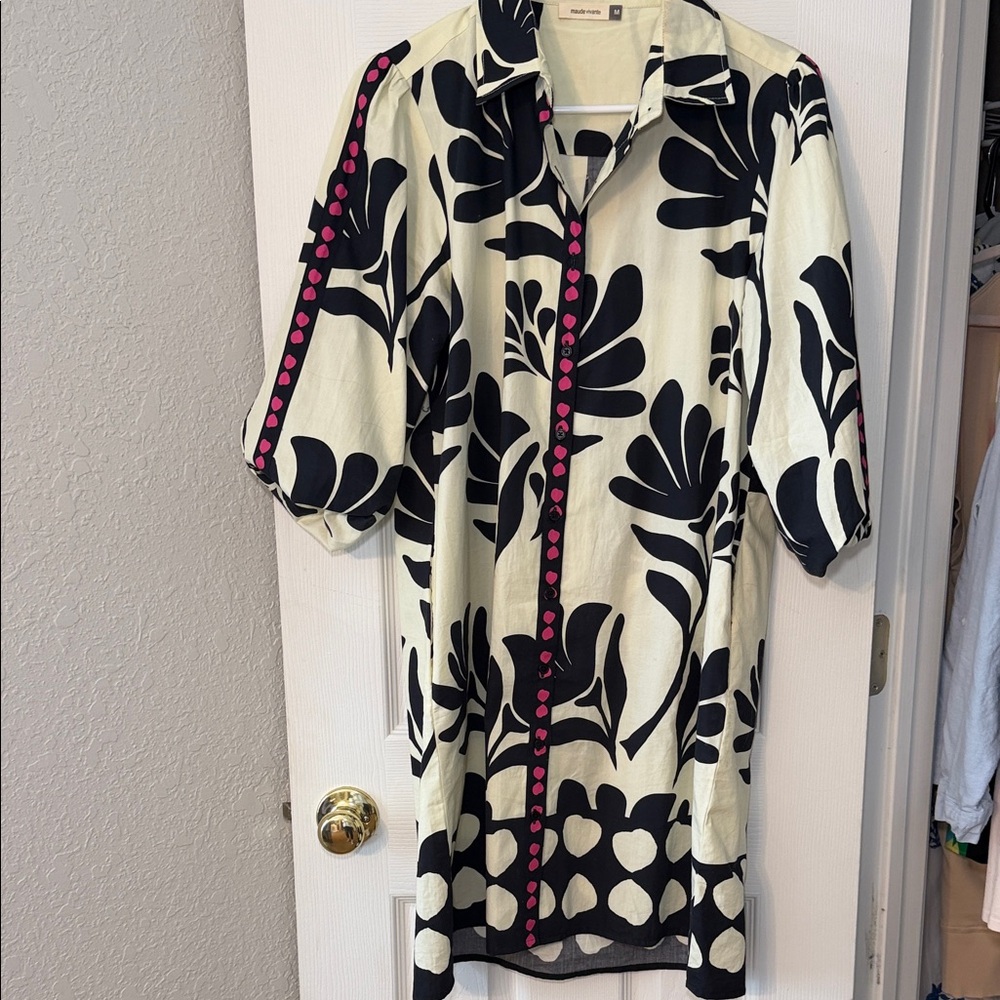 Maude Black and Cream Floral Mini Dress with Pink Dot Trim